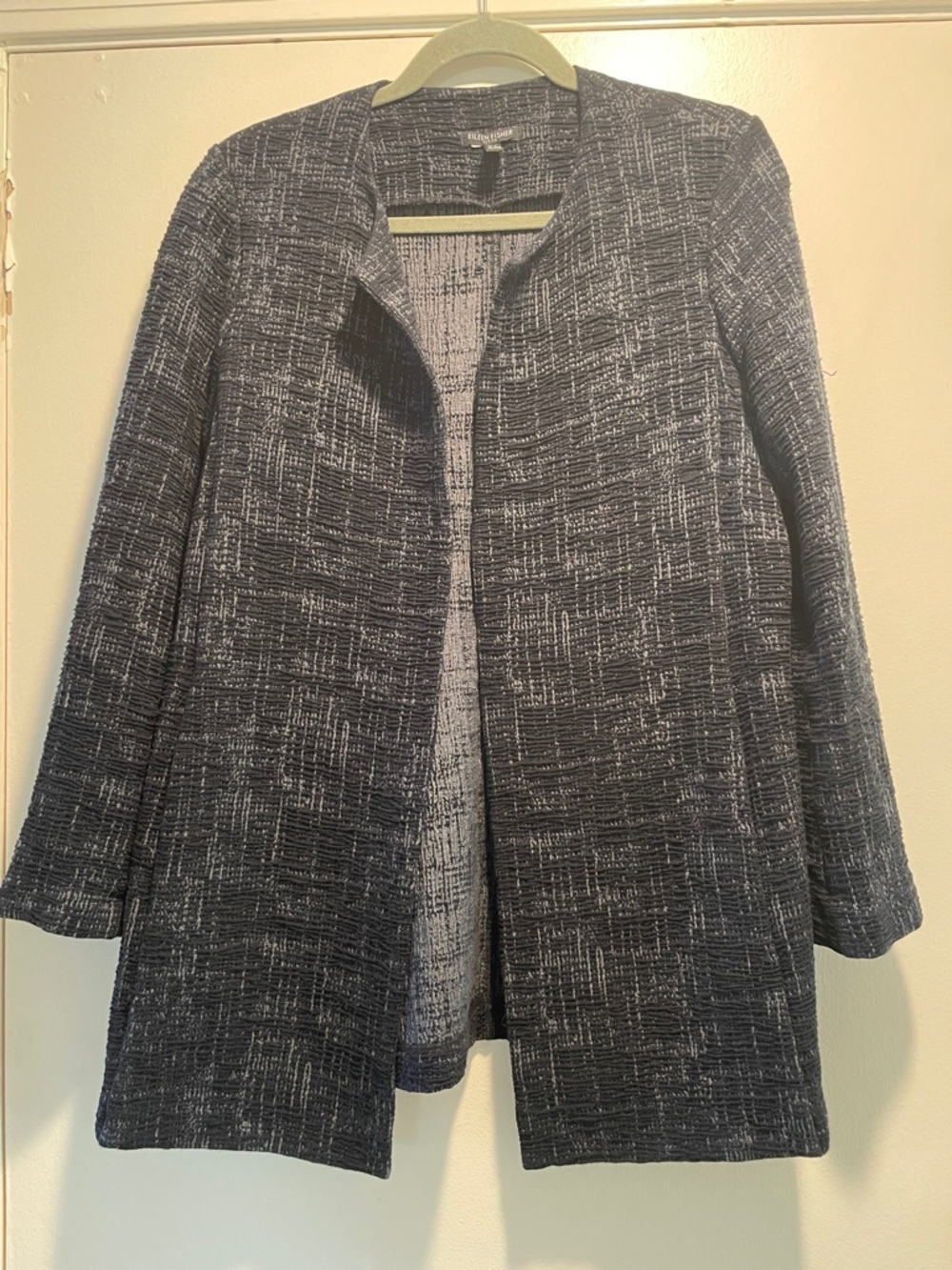 Eileen Fisher Navy and White Textured Open-Front Jacket